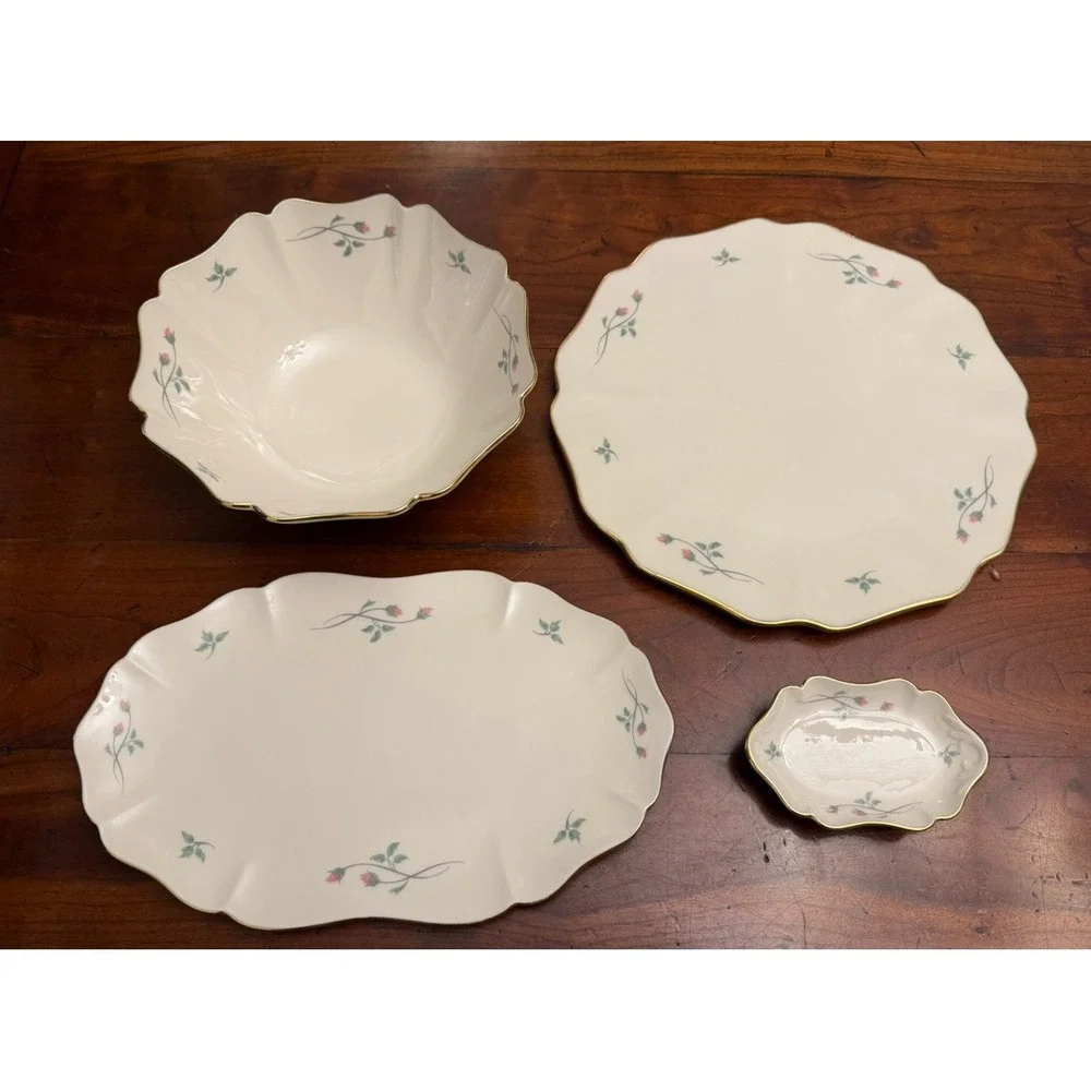 Vintage Lenox Rose Manor 4-Piece Hostess Serving Set Ivory, Pink Rosebud, Gold